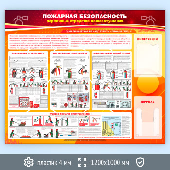 Стенд «Пожарная безопасность. Первичные средства пожаротушения» с плоским и объемным карманами (PB-04-ECONOMY2)